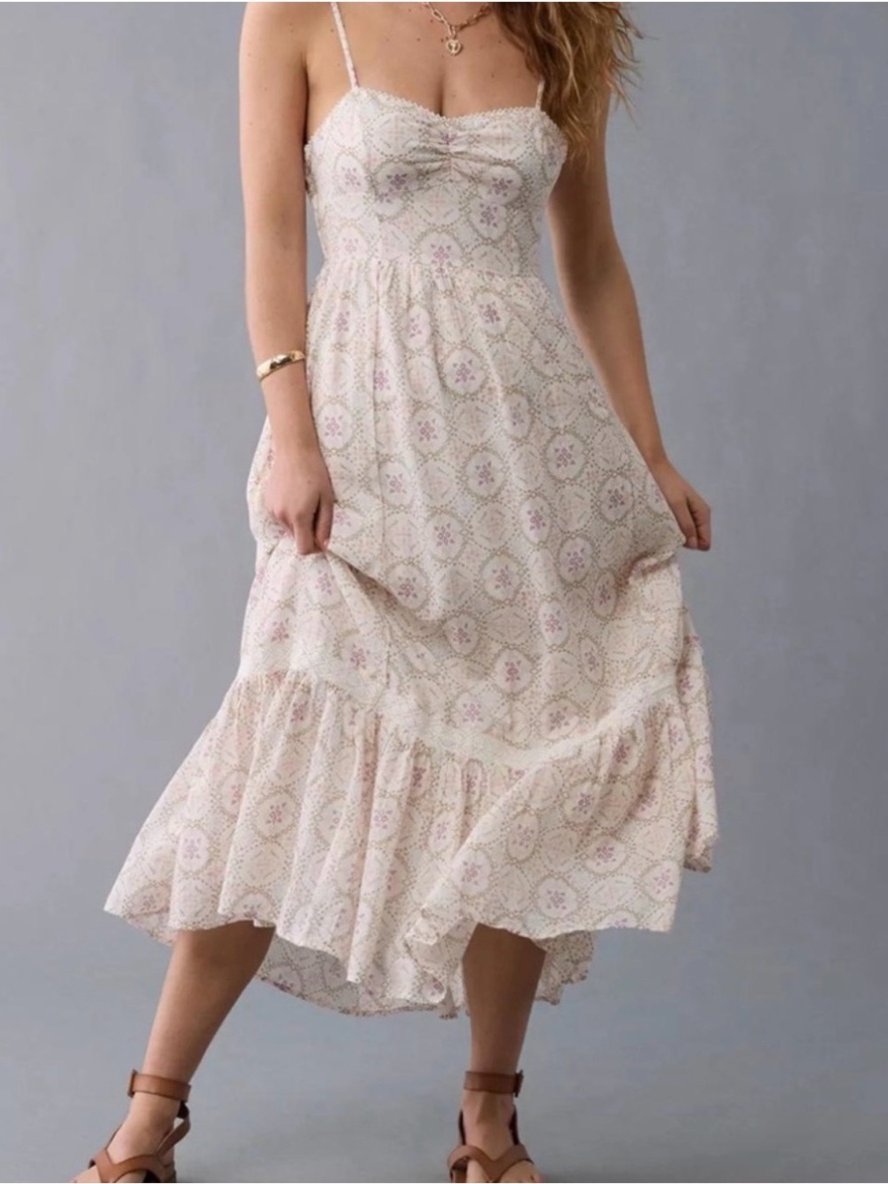 🌺 American Eagle Outfitters Spaghetti Strap Floral Lace Maxi Dress in Cream S
